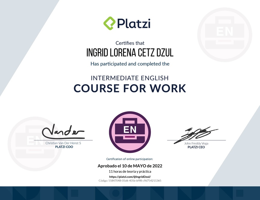 Diploma del Curso Intermedio de Inglés para el Trabajo 2020