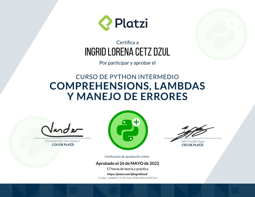 Diploma del Curso de Python Intermedio: Comprehensions, Lambdas y Manejo de Errores