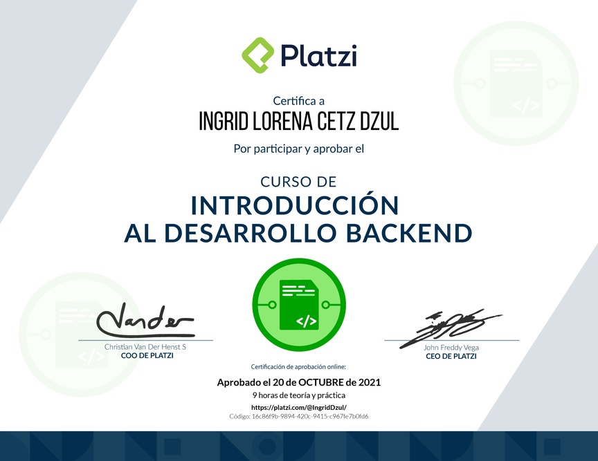 Diploma del Curso de Introducción al Desarrollo Backend