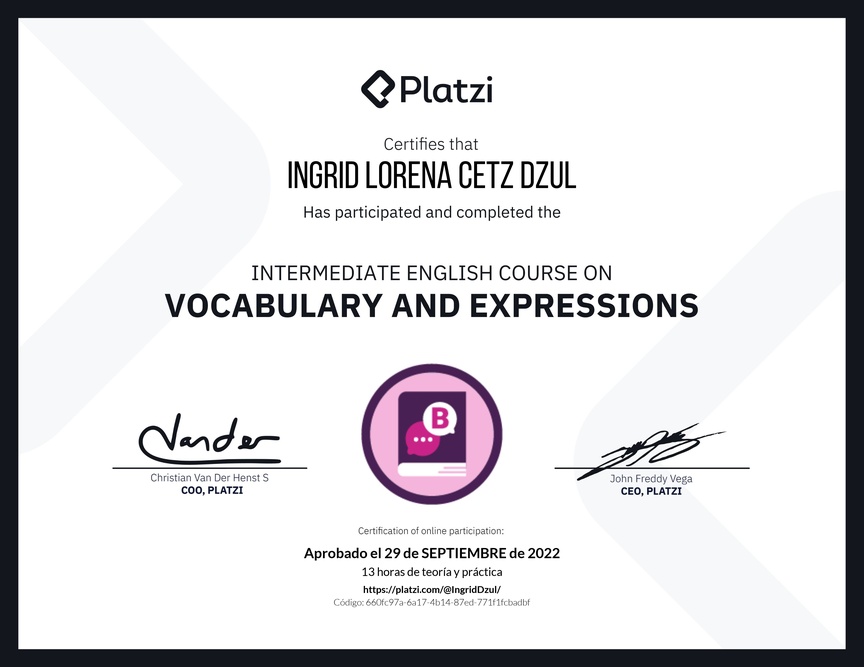 Diploma del Curso Intermedio de Vocabulario y Expresiones en Inglés