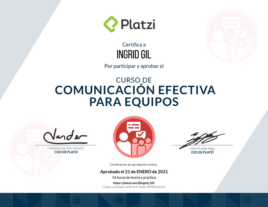 Diploma del Curso de Comunicación Efectiva para Equipos 2018
