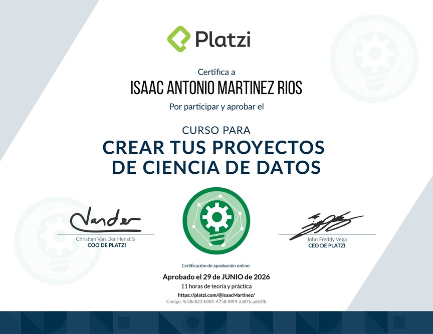 Diploma del Curso para Crear tus Proyectos de Ciencia de Datos