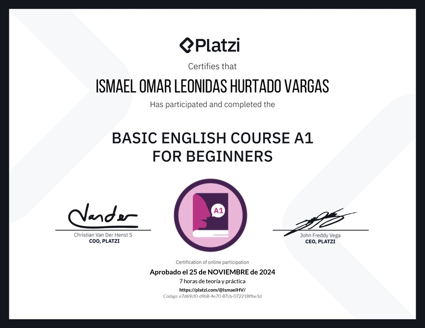Diploma del Curso de Inglés Básico A1 para Principiantes