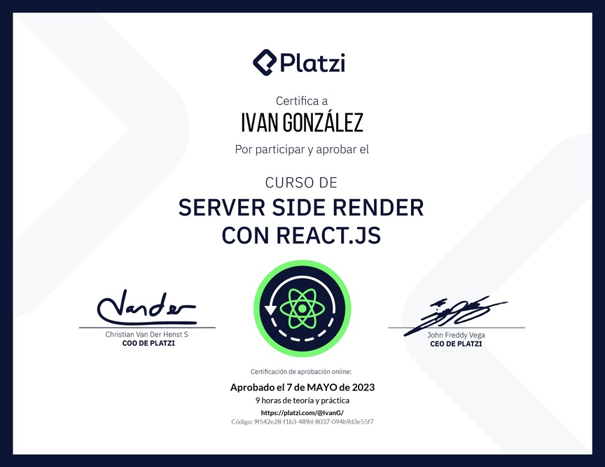Diploma del Curso de Server Side Render o SSR con React.js