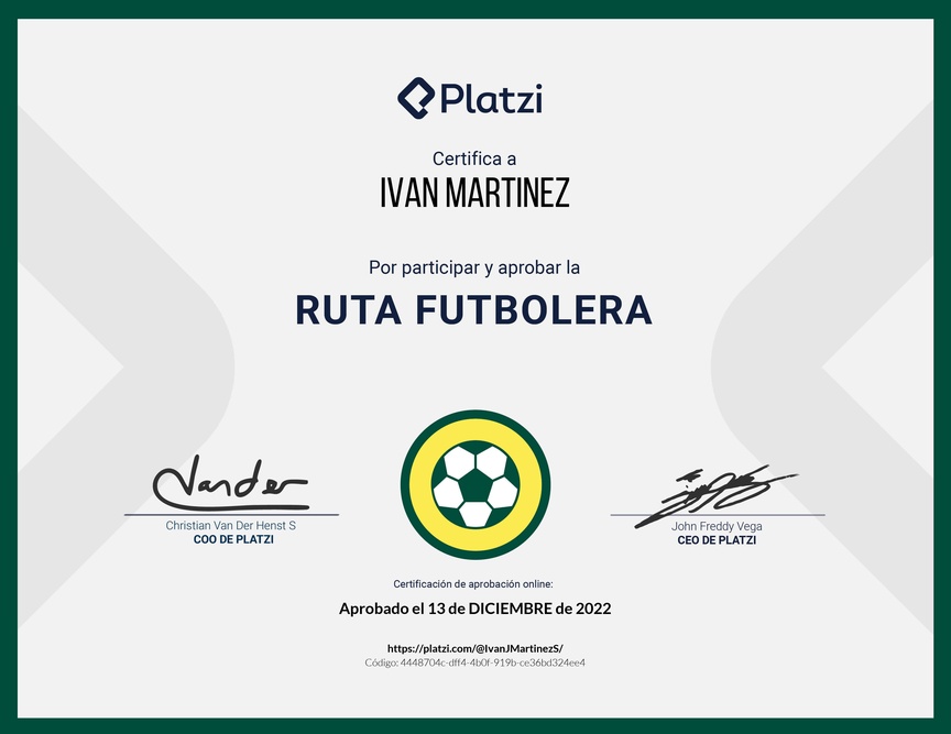 Diploma de la Ruta de Aprendizaje de La Ruta Futbolera Platzi