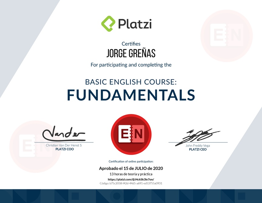 Diploma del Curso de Inglés Básico: Fundamentos 2018