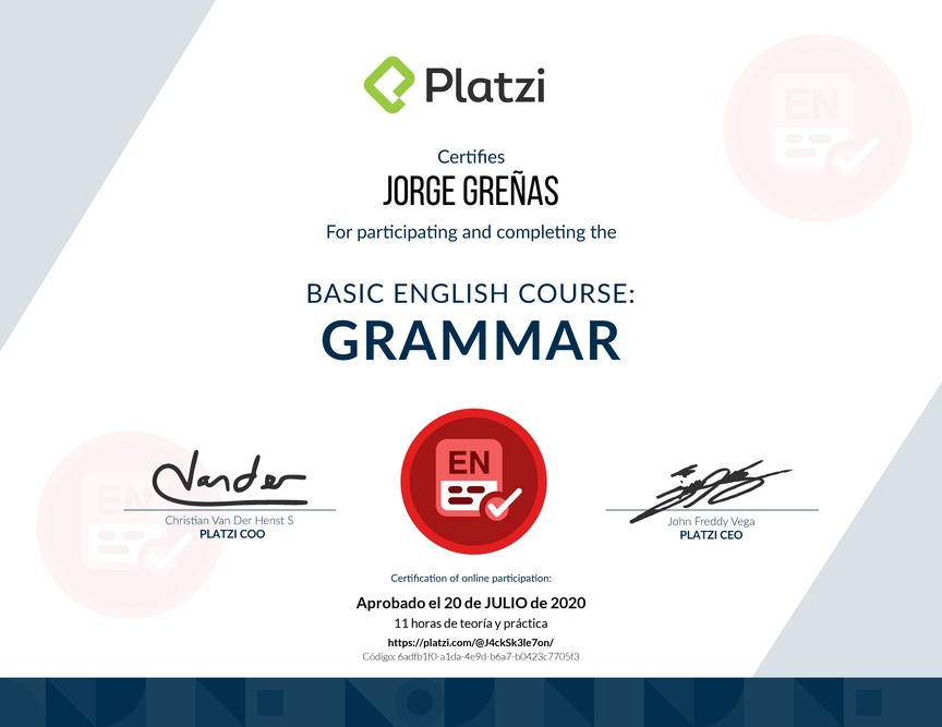 Diploma del Curso de Inglés Básico: Gramática 2018