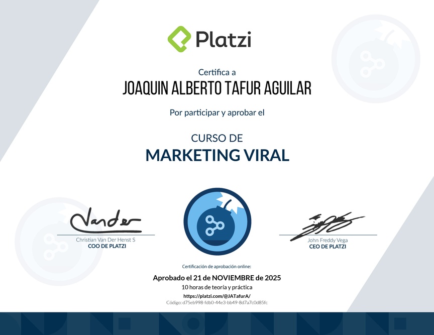 Diploma del Curso de Creación de Contenido Viral para Marketing con Jonah Berger