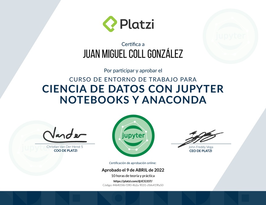 Diploma del Curso de Entorno de Trabajo para Ciencia de Datos con Jupyter Notebooks y Anaconda