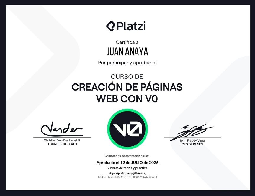 Diploma del Curso de Creación de Páginas Web con v0