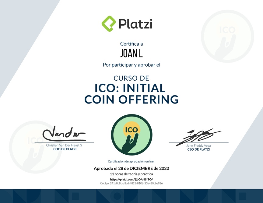 Diploma del Curso de ICO: Initial Coin Offering