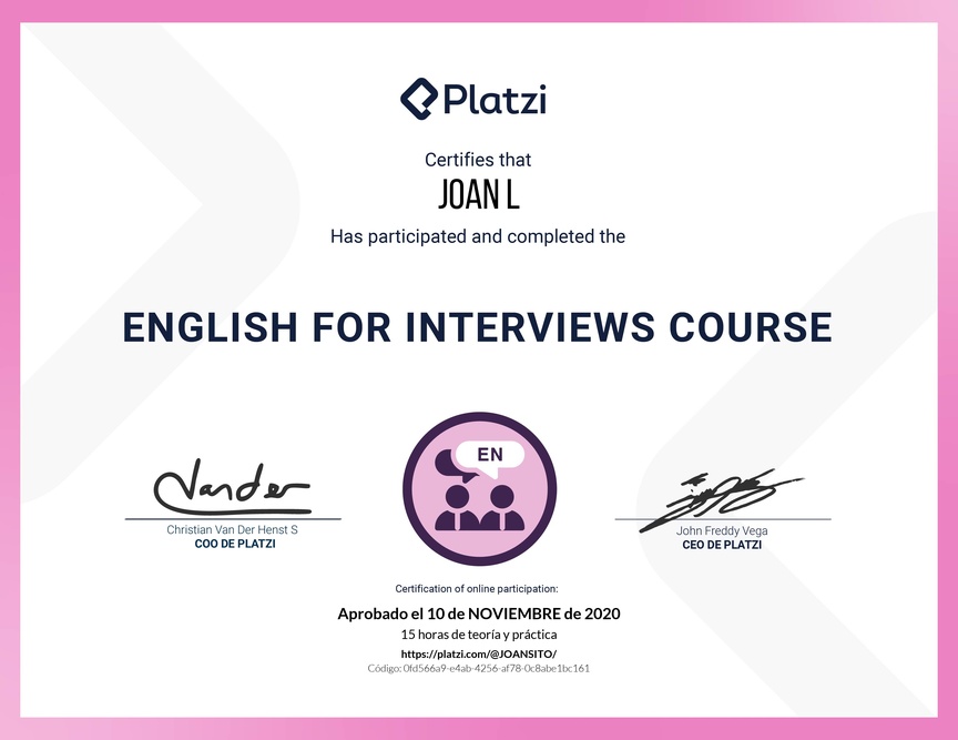 Diploma del Curso para Entrevistas de Trabajo en Inglés (2020)