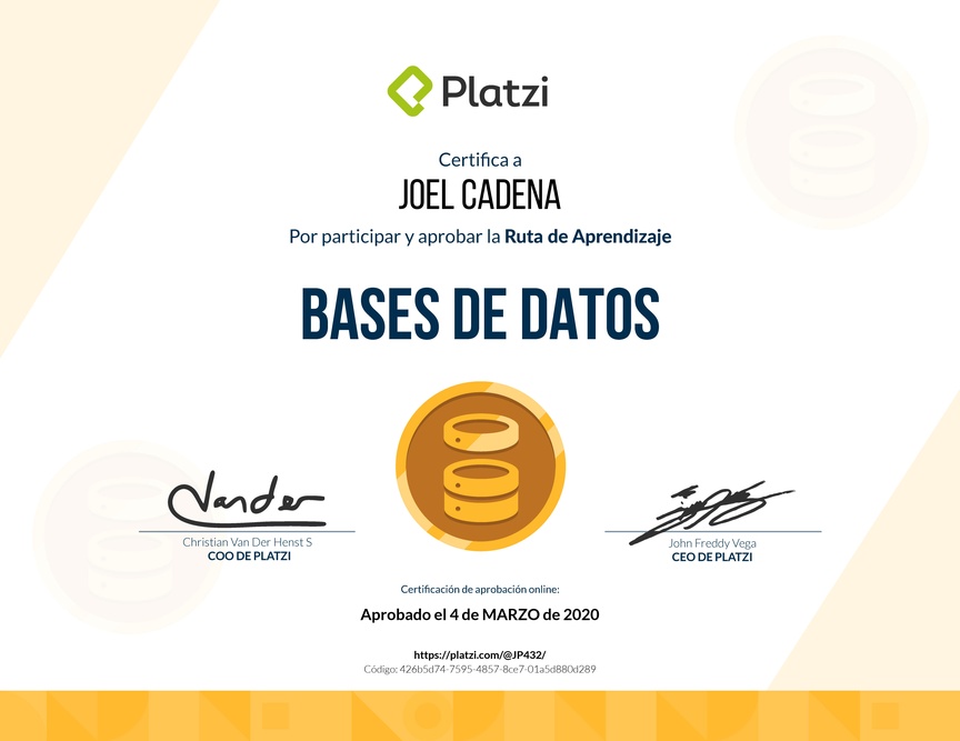 Diploma de la Ruta de Aprendizaje de Bases de datos desde cero