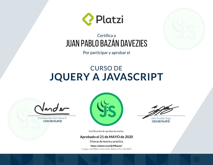 Diploma del Curso de jQuery a JavaScript 2018