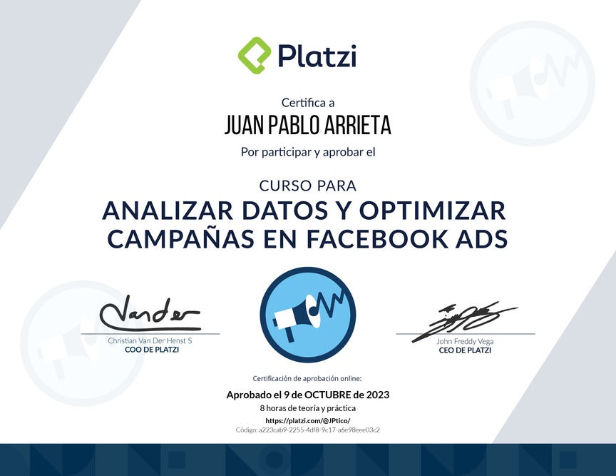 Diploma del Curso para  Analizar Datos y Optimizar Campañas en Facebook Ads