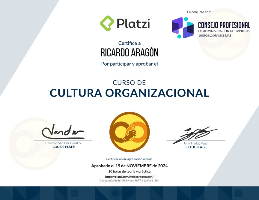 Diploma del Curso de Cultura Organizacional para Diagnosticar y Potenciar el Desarrollo de tu Empresa