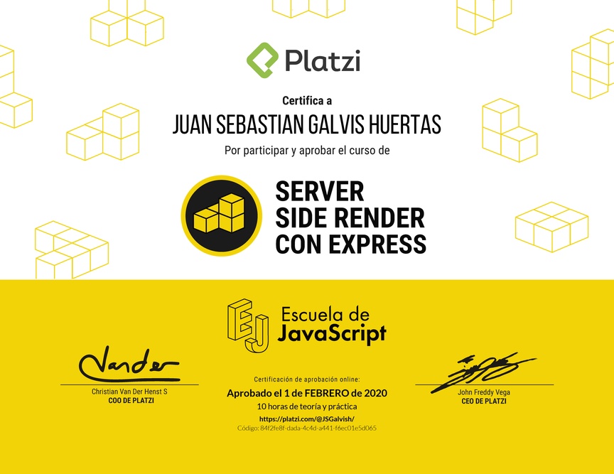 Diploma del Curso de Server Side Render con Express 2019