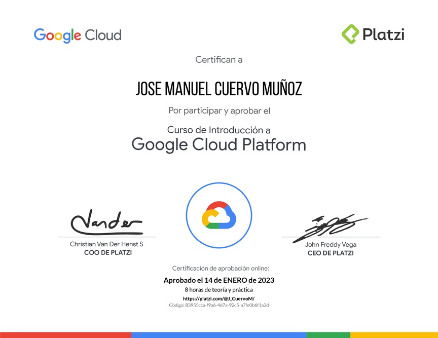 Diploma del Curso de Introducción a Google Cloud Platform