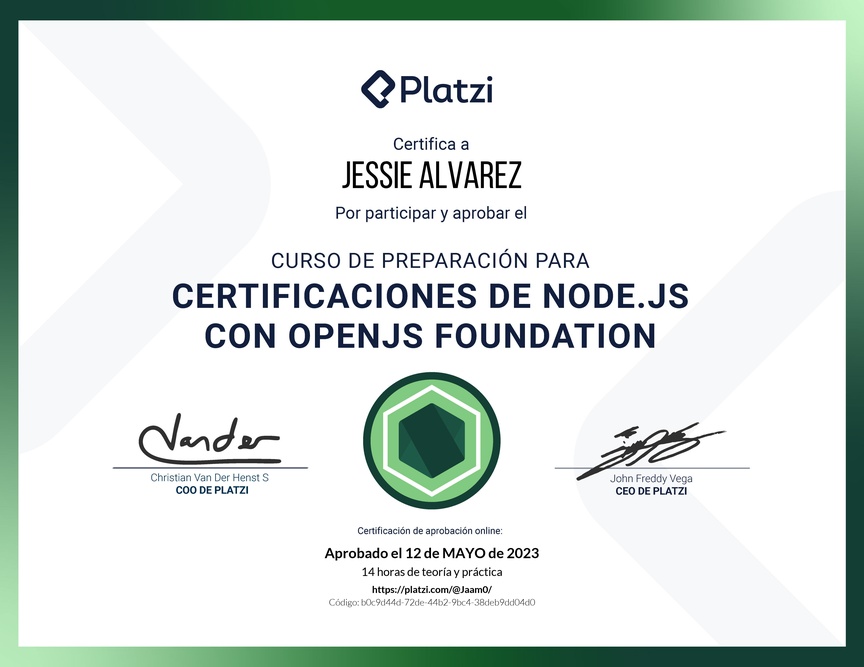 Diploma del Curso para Certificacion de Node.js con OpenJS Foundation 2023