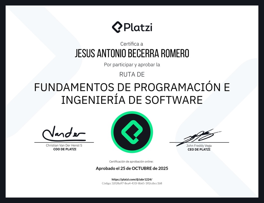 Diploma de la Ruta de Aprendizaje de Fundamentos de Programación e Ingeniería de Software