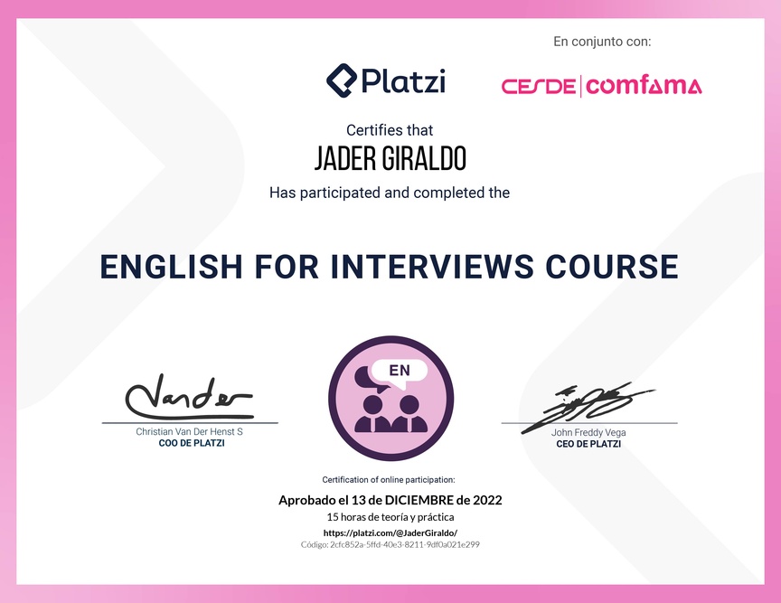 Diploma del Curso para Entrevistas de Trabajo en Inglés (2020)