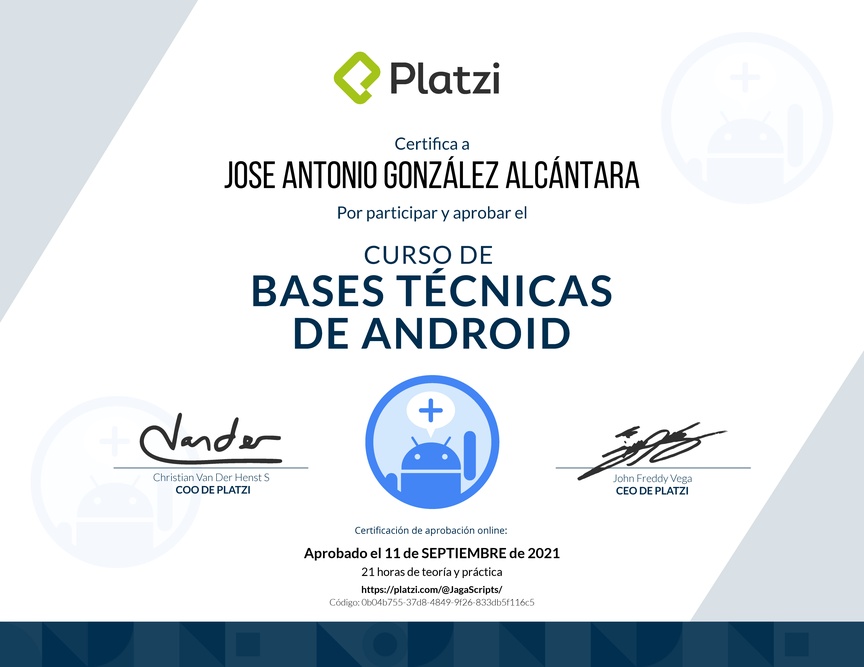Diploma del Curso de Bases Técnicas de Android