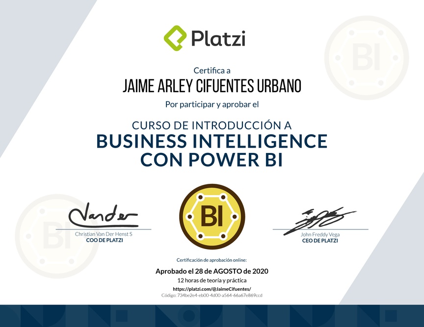 Diploma del Curso de Introducción a Business Intelligence con Power BI