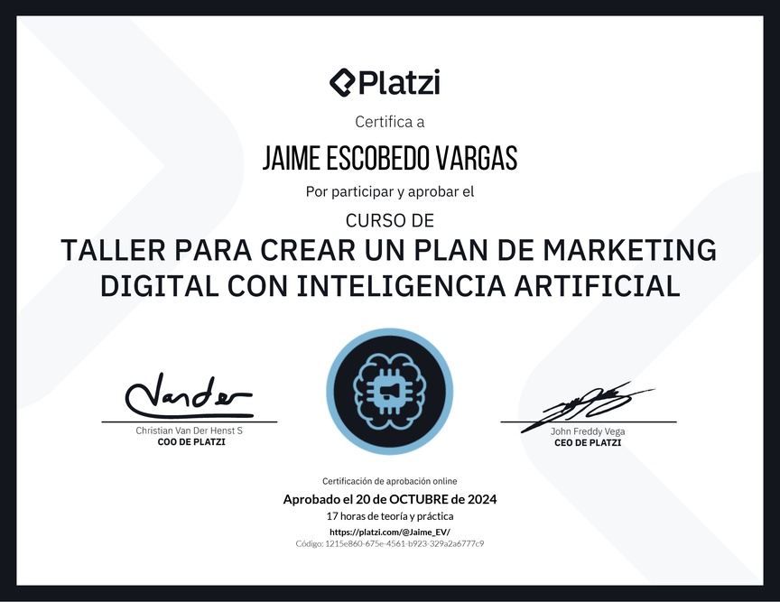 Diploma de Taller para Crear un Plan de Marketing Digital con Inteligencia Artificial