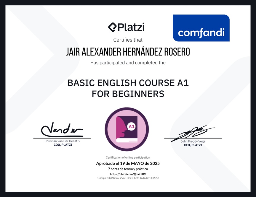 Diploma del Curso de Inglés Básico A1 para Principiantes
