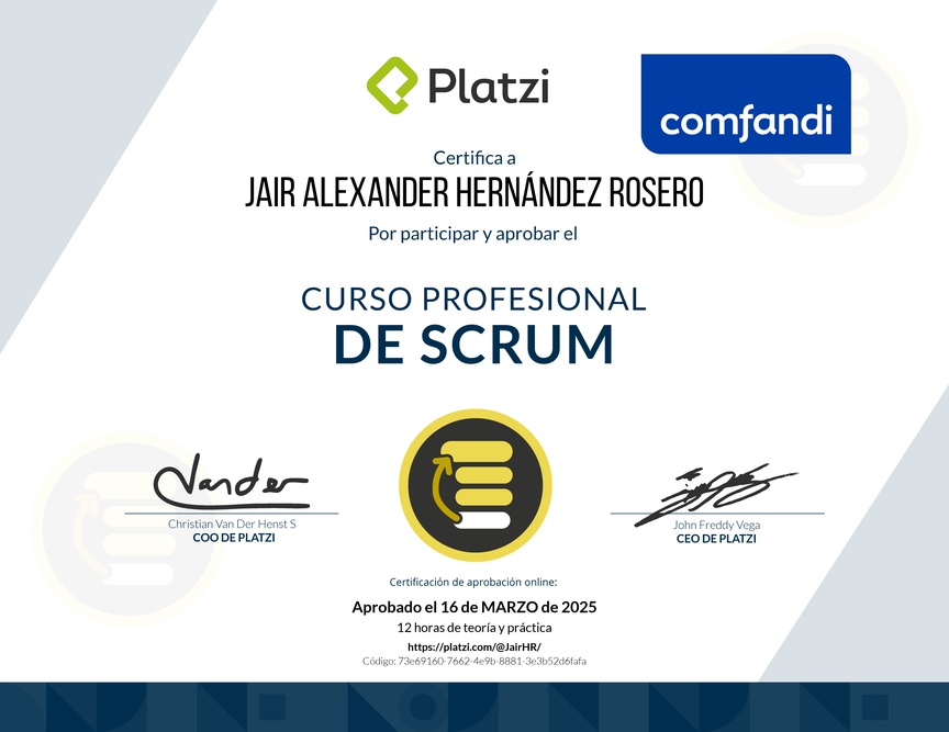Diploma del Curso Profesional de Scrum