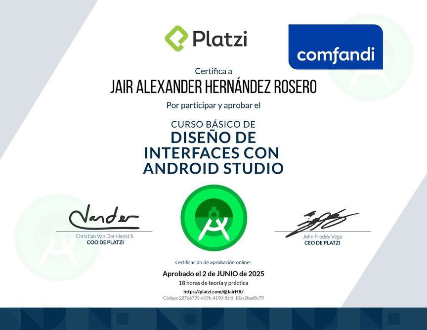 Diploma del Curso Básico de Diseño de Interfaces con Android Studio