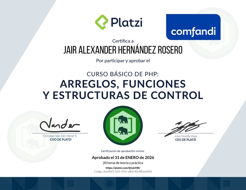 Diploma del Curso de PHP: Arreglos, Funciones y Estructuras de Control
