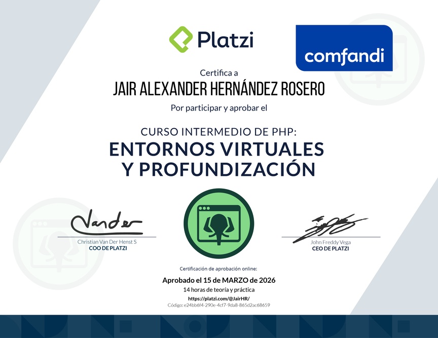 Diploma del Curso de PHP: Entornos Virtuales y Funciones Avanzadas