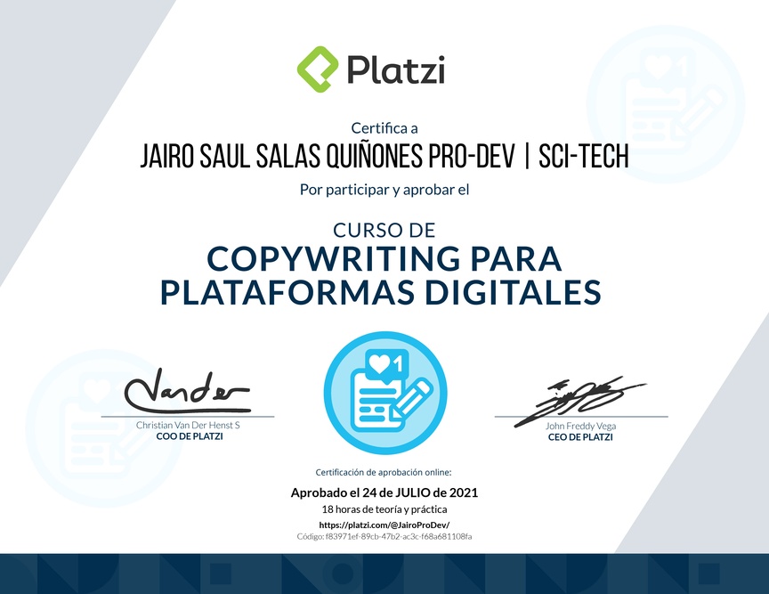 Diploma del Curso de Copywriting para Plataformas Digitales