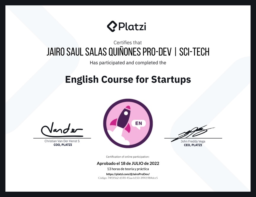 Diploma del Curso para Startups en Inglés (2021)