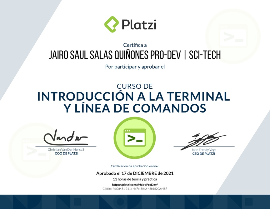 Diploma del Curso de Introducción a la Terminal y Línea de Comandos