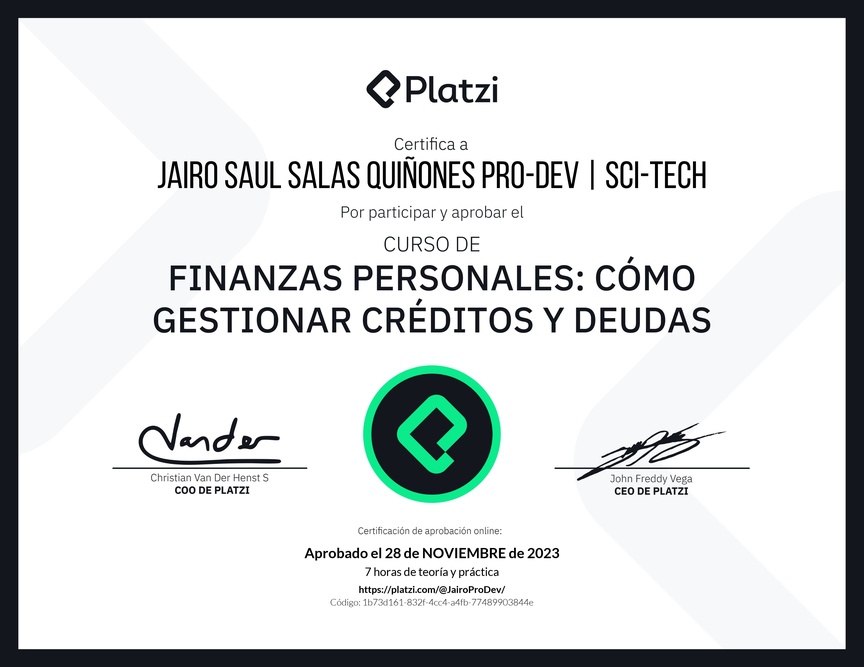 Diploma del Curso de Finanzas Personales: Cómo Gestionar Créditos y Deudas