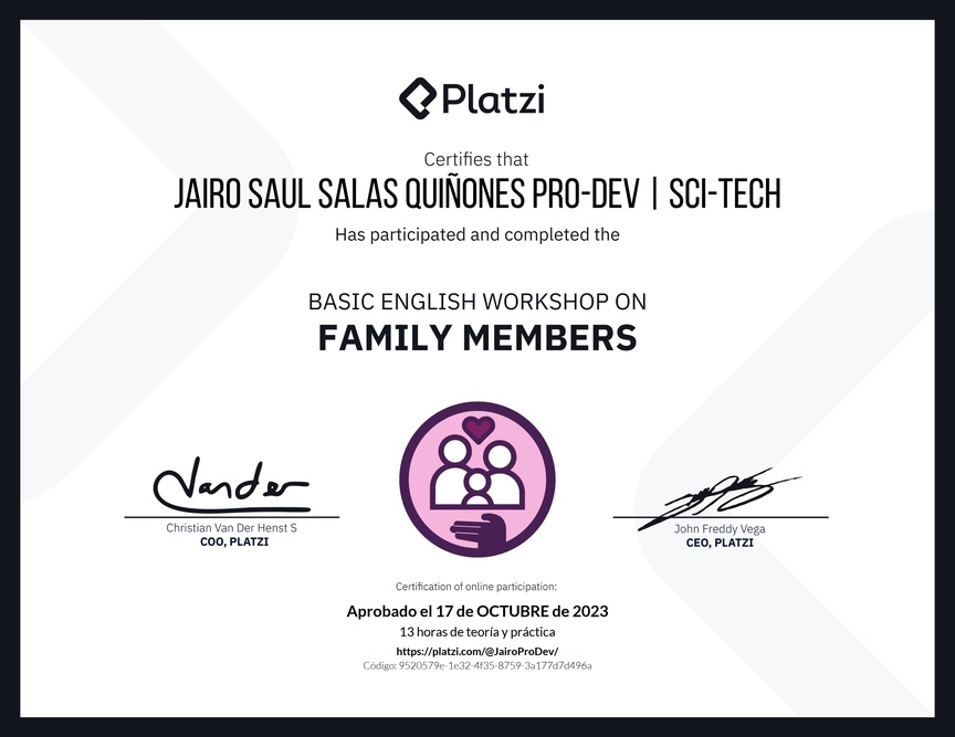 Diploma del Curso de Inglés Práctico sobre los Miembros de la Familia