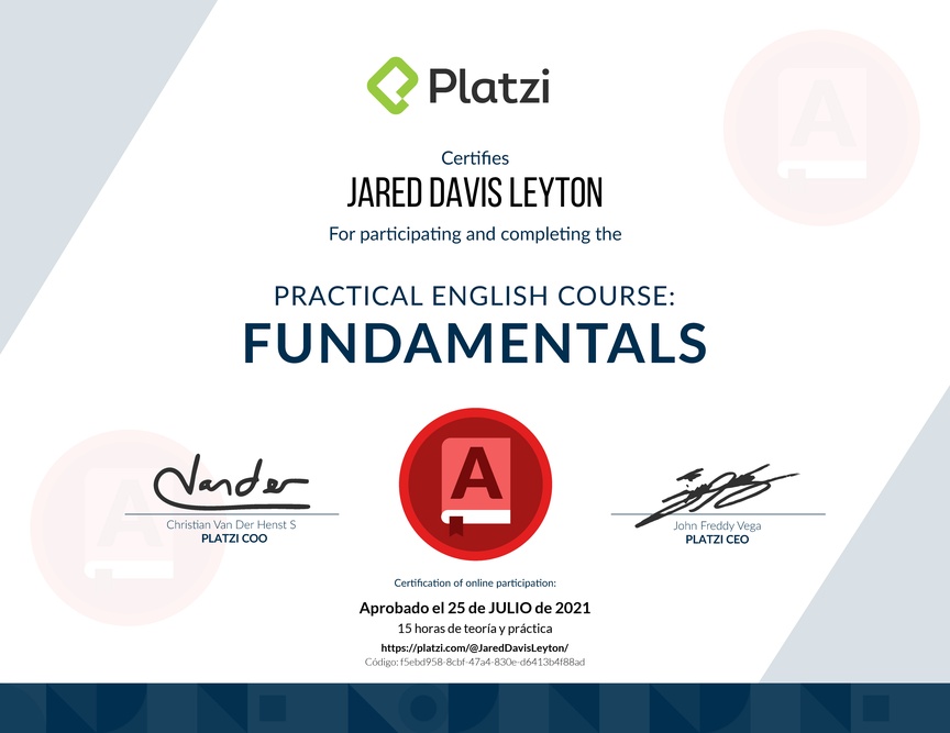 Diploma del Curso de Inglés Práctico: Fundamentos 2019