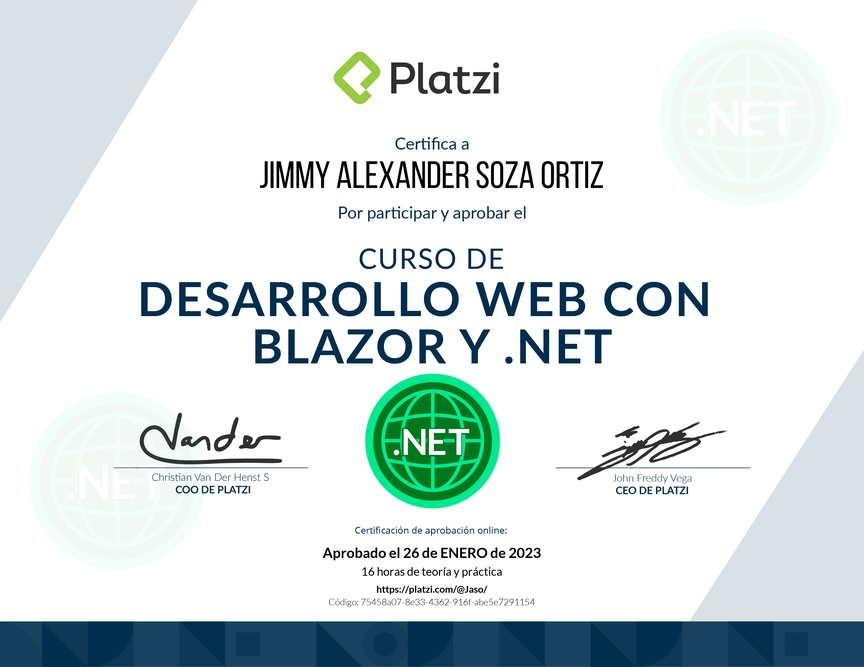 Diploma del Curso de Desarrollo Web con Blazor y .Net Core 3