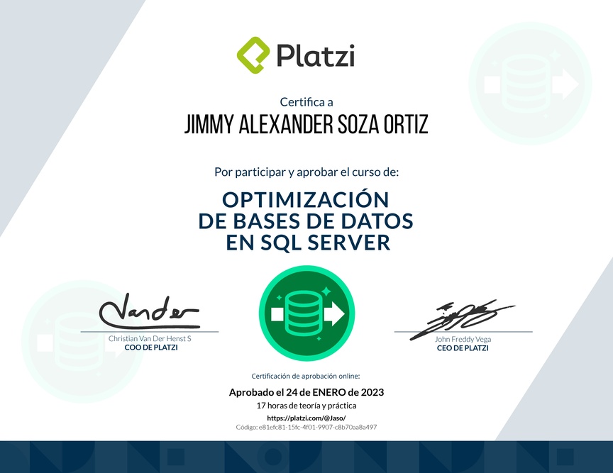 Diploma del Curso de Optimización de Bases de Datos en SQL Server