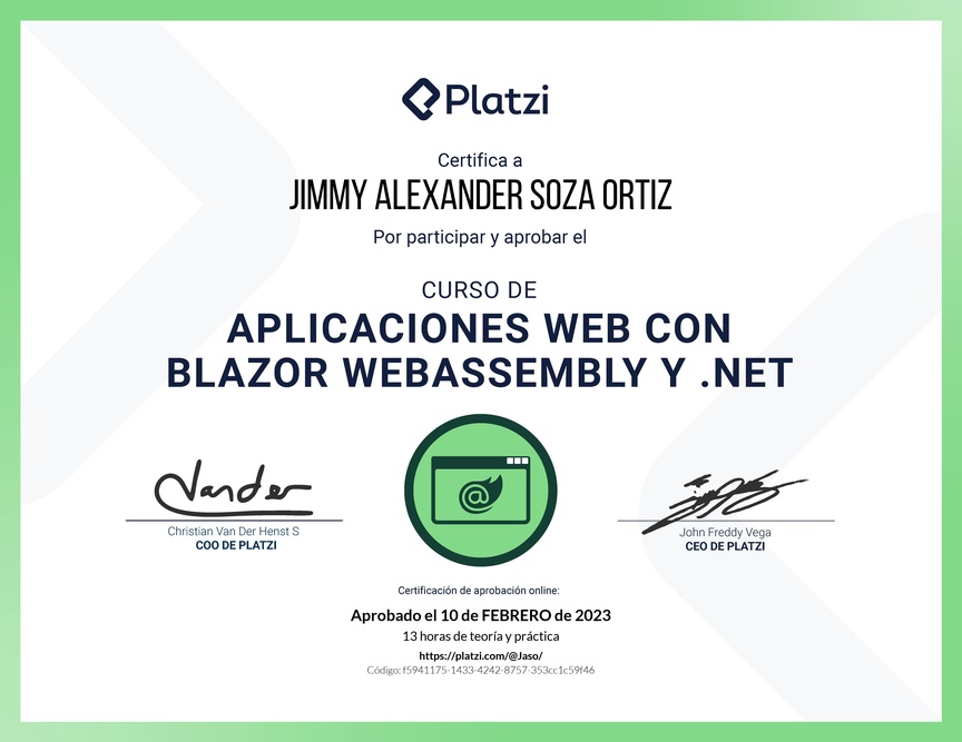 Diploma del Curso de Aplicaciones Web con Blazor WebAssembly y .NET