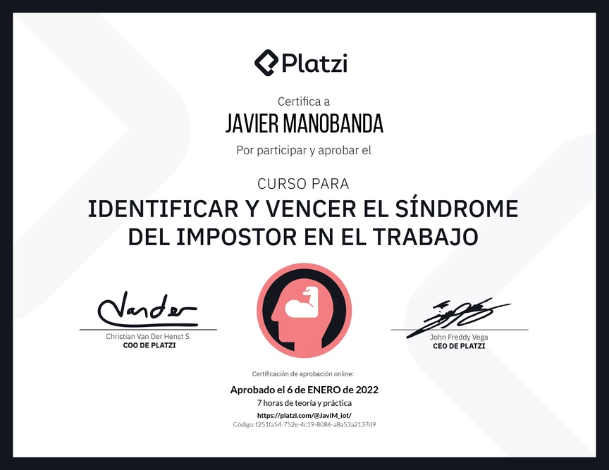 Diploma del Curso para Identificar y Vencer el Síndrome del Impostor