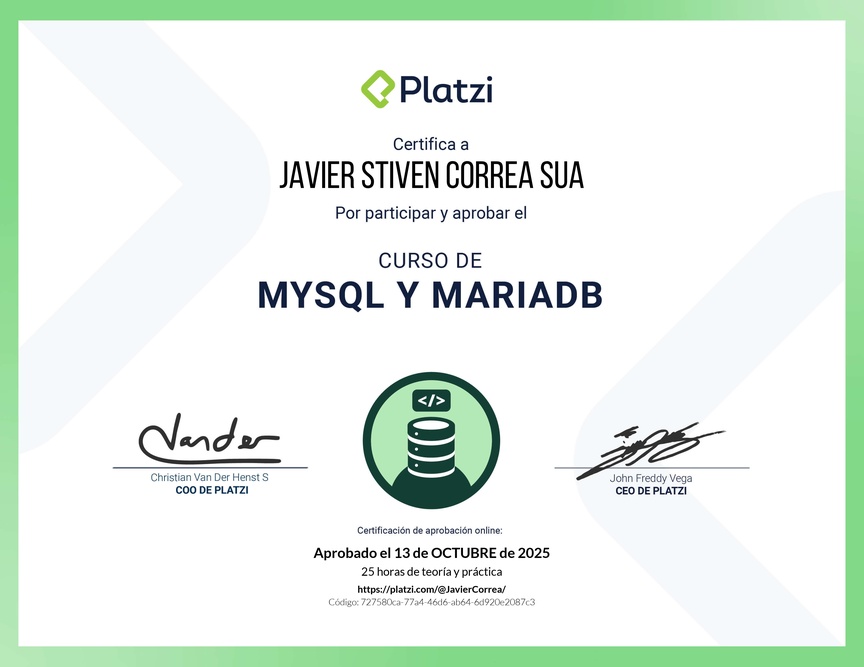 Diploma del Curso de Bases de Datos con MySQL y MariaDB