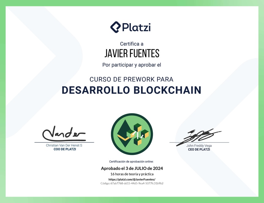 Diploma del Curso de Prework para Desarrollo de Aplicaciones Blockchain