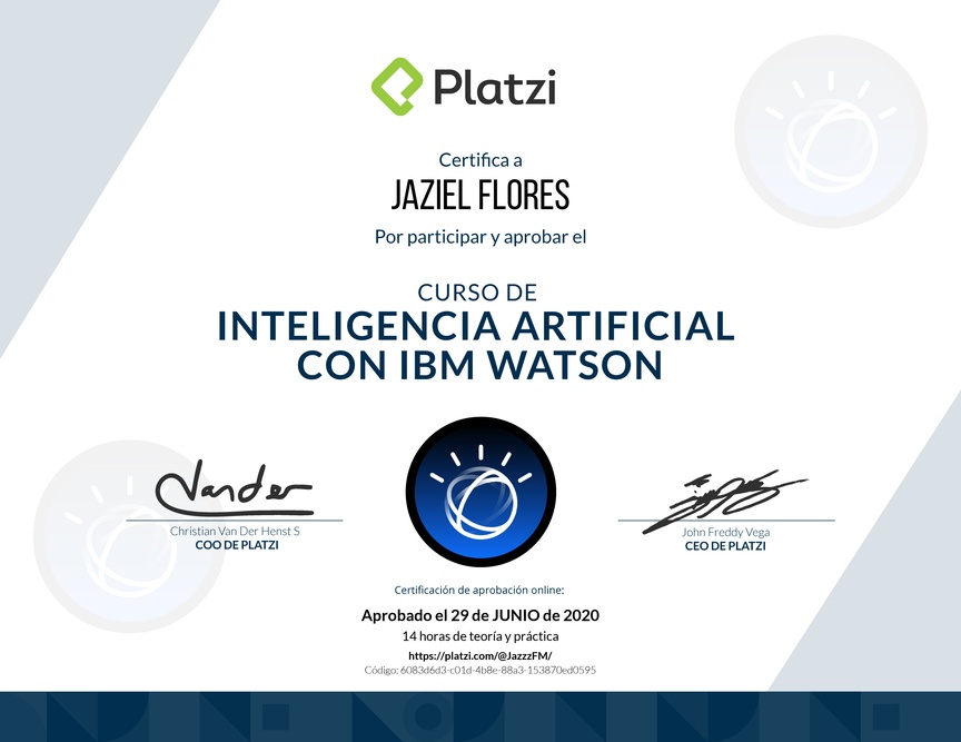 Diploma del Curso de Inteligencia Artificial con IBM Watson