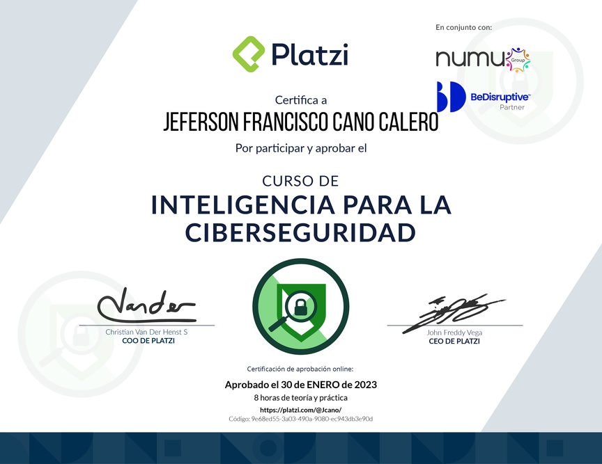 Diploma del Curso de Inteligencia para la Ciberseguridad
