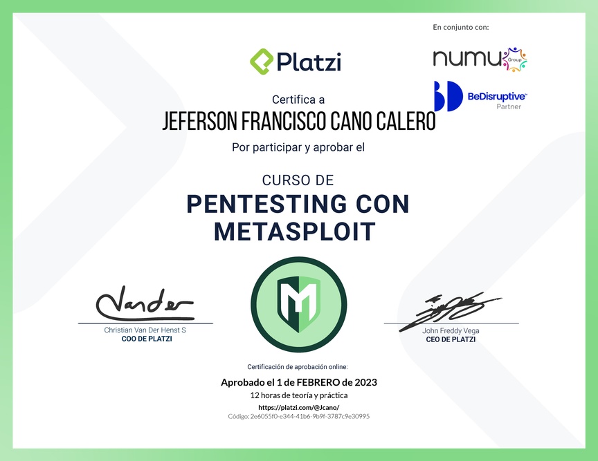 Diploma del Curso de Hacking: Pentesting con Metasploit