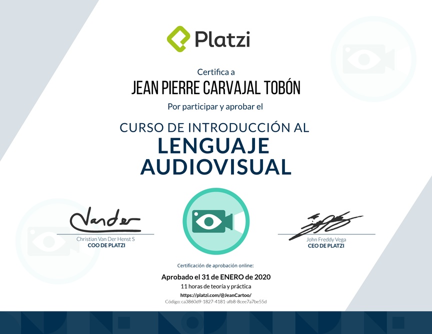 Diploma del Curso de Introducción al Lenguaje Audiovisual 2018