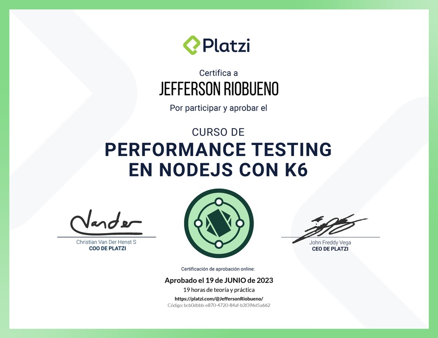 Diploma del Curso de Performance Testing en Node.js con K6